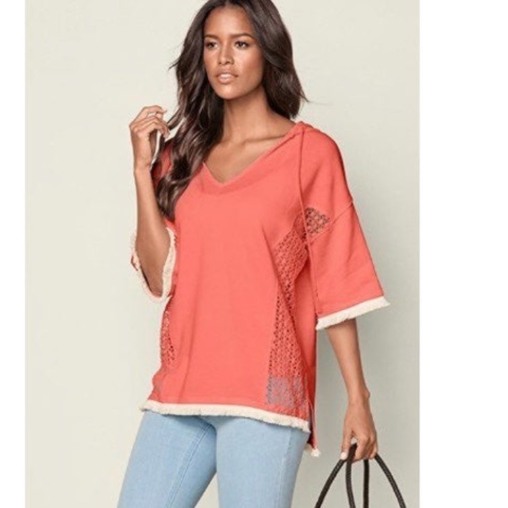 NWT Venus Lace Fringe Boho Hoodie Medium